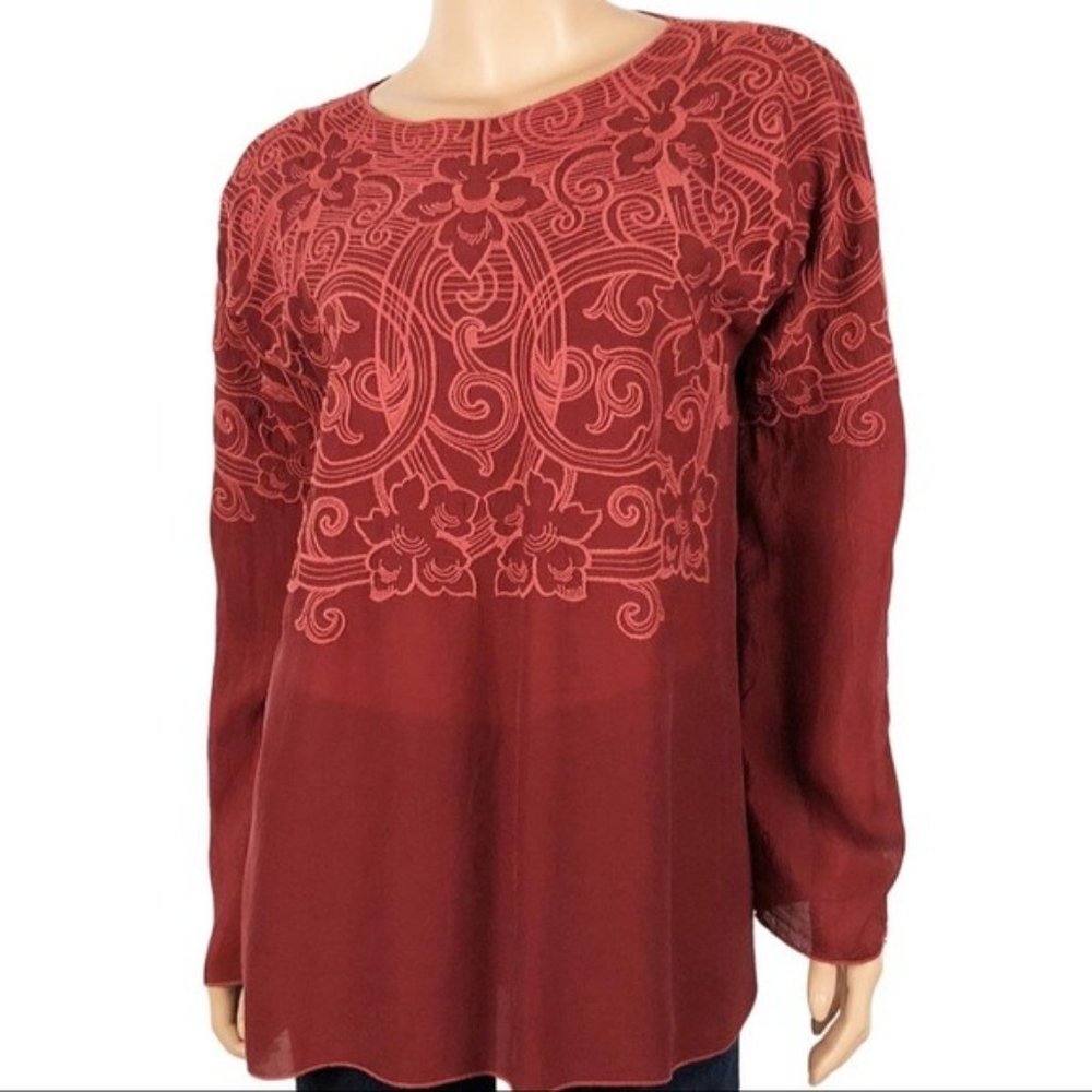 Johnny Was Red Embroidered Floral Rayon Tunic - Picture 1 of 5